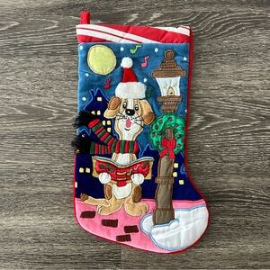 Vintage Kurt S Adler Dog Christmas Caroling Stocking Velvet Embroidered Appliqué